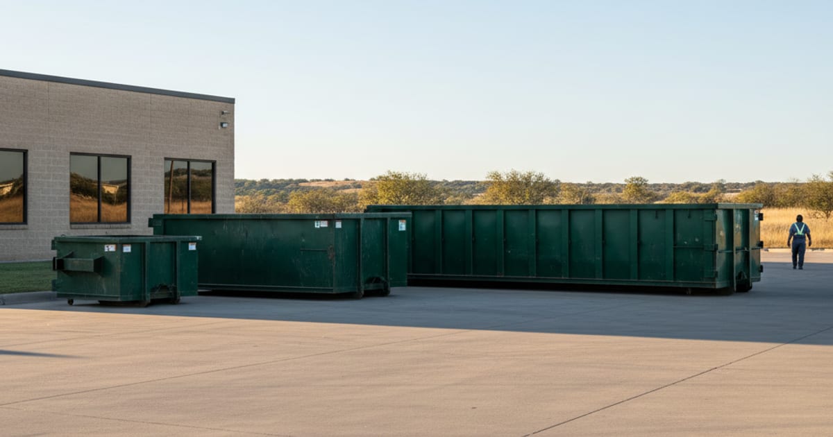 Three roll-off dumpsters of different sizes lined up for size comparison.