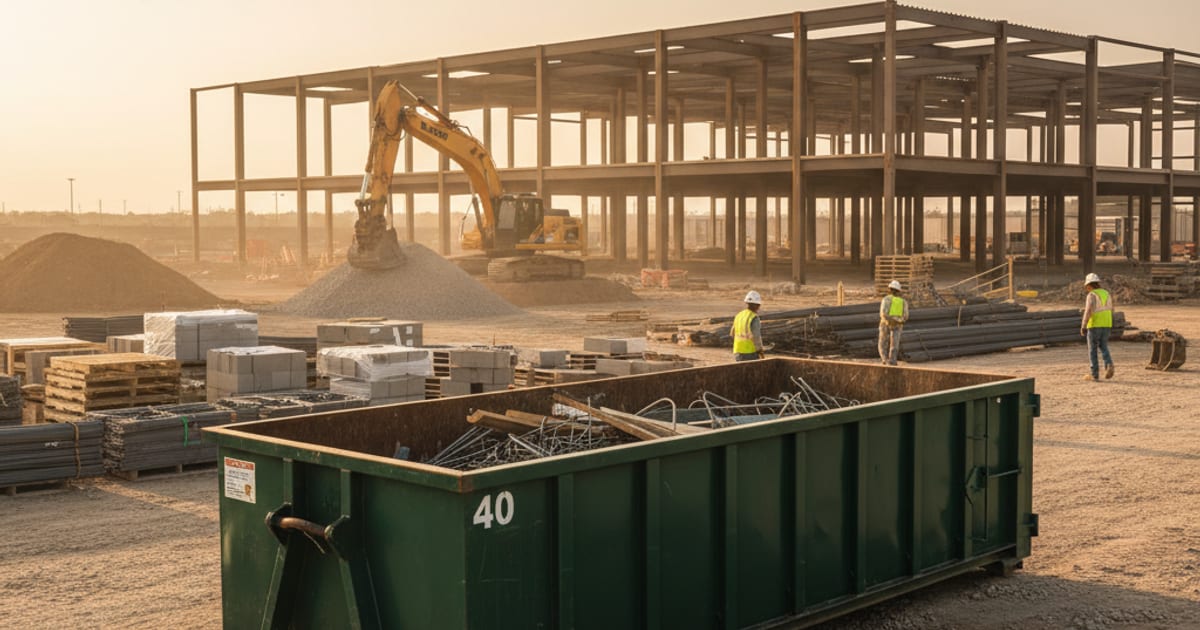 40-yard roll-off dumpster on a Texas commercial construction site.