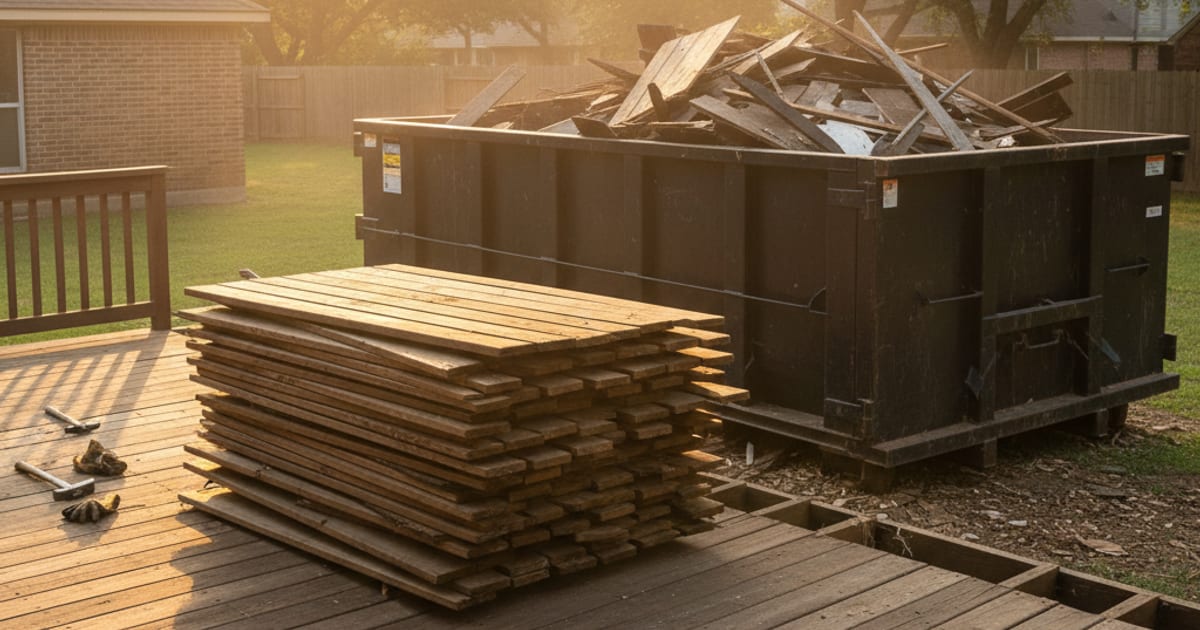 Old wooden deck being torn out and loaded into a roll-off dumpster.