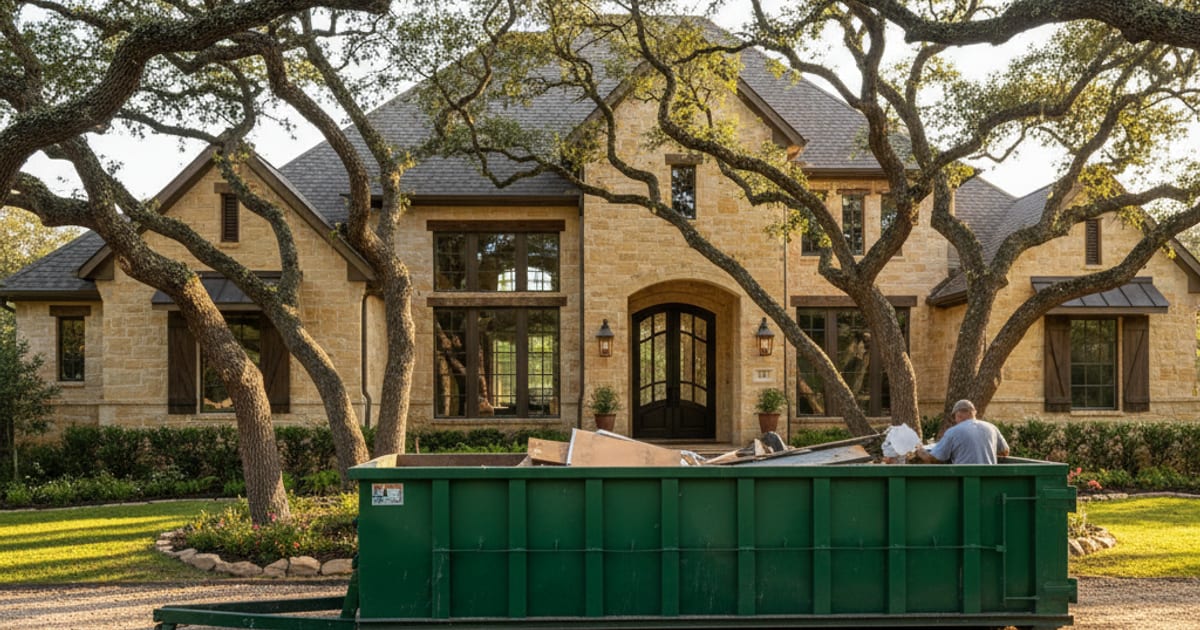 Roll-off dumpster beside a custom home in Fair Oaks Ranch, Texas.