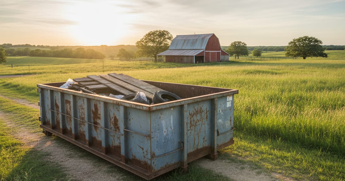 Roll-off dumpster at a small-town Texas farm with a barn behind it.