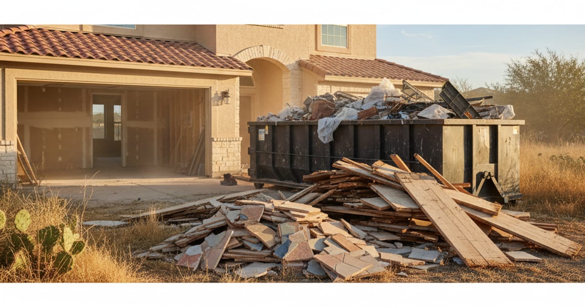 Torn-out flooring stacked next to a roll-off dumpster outside a home.
