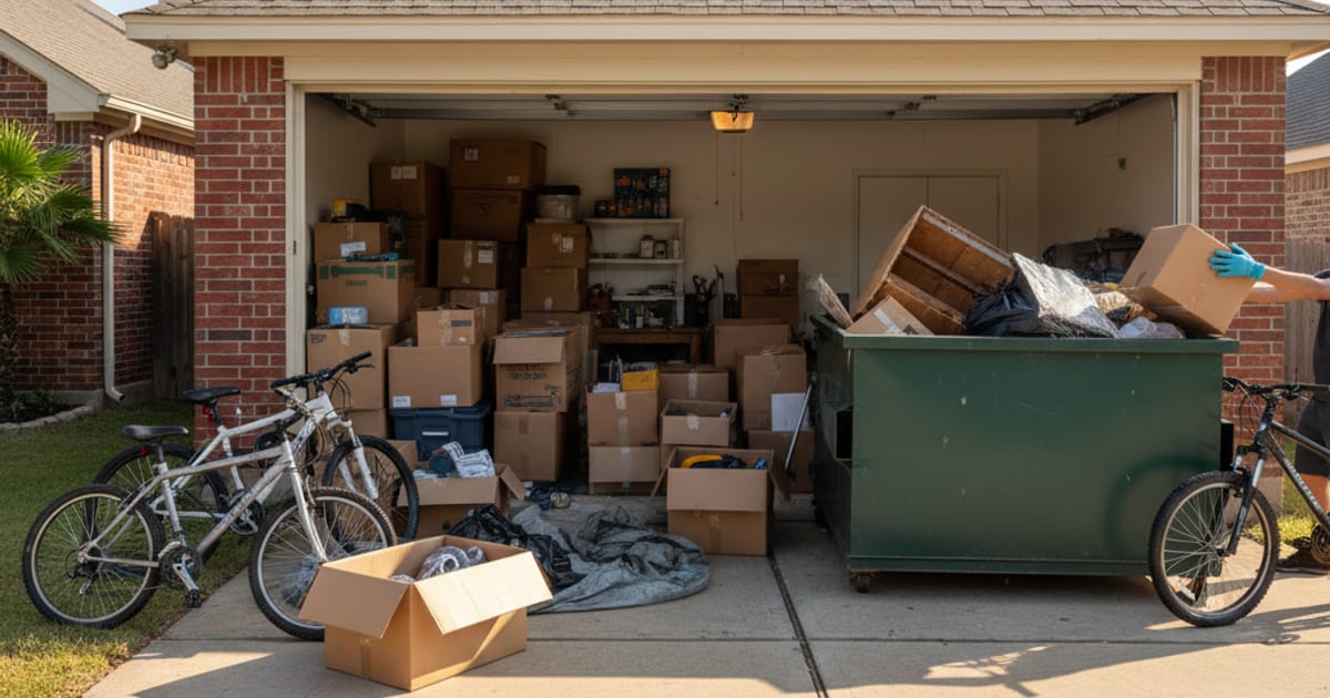 Garage cleanout with a roll-off dumpster on the driveway.