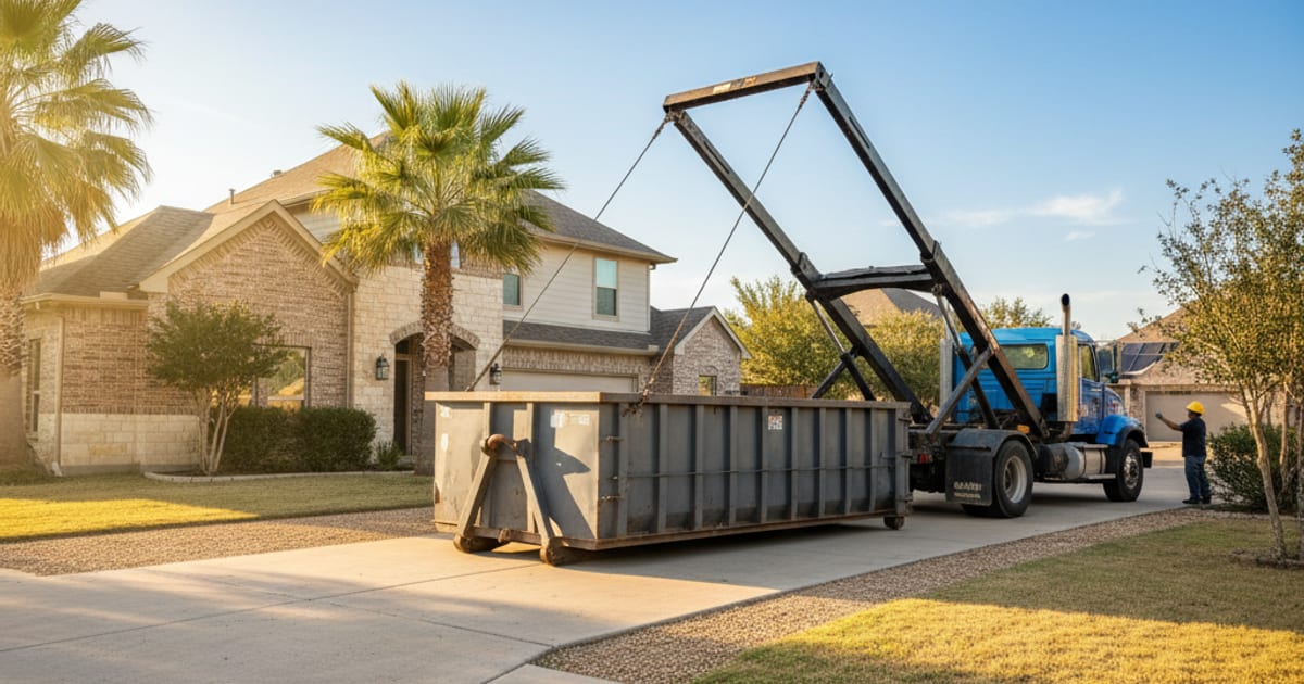 A roll-off truck lowering a dumpster onto a residential driveway.