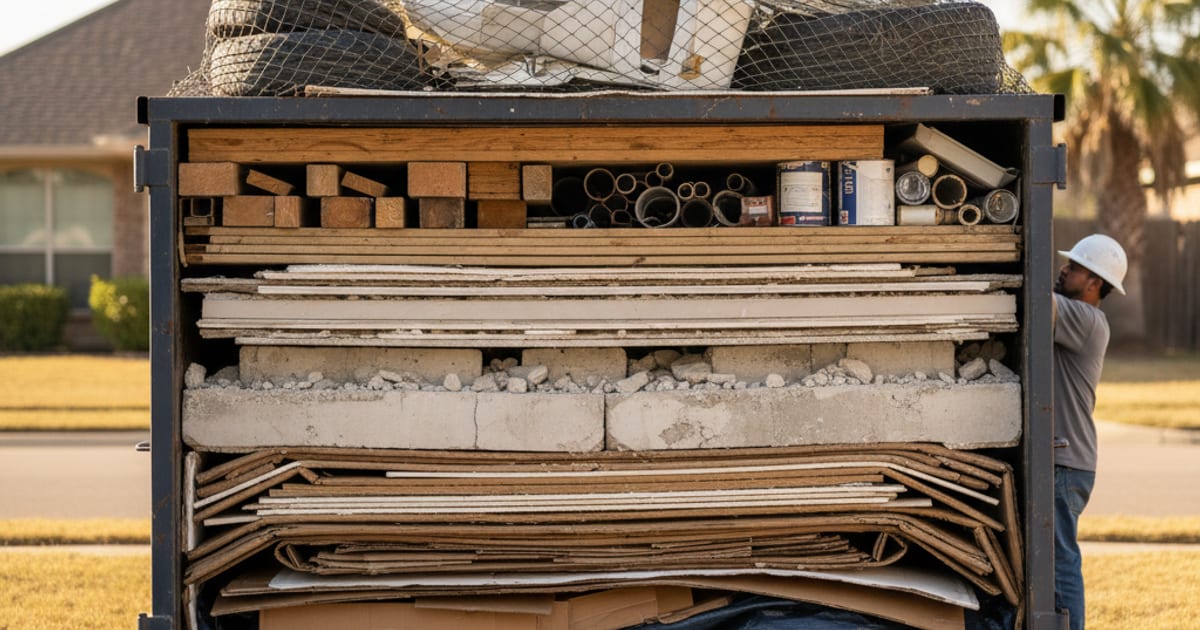 Neatly packed roll-off dumpster with debris organized in layers.
