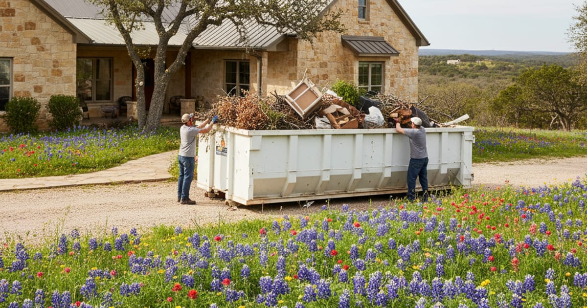 Spring cleanup at a Hill Country home with a roll-off dumpster.