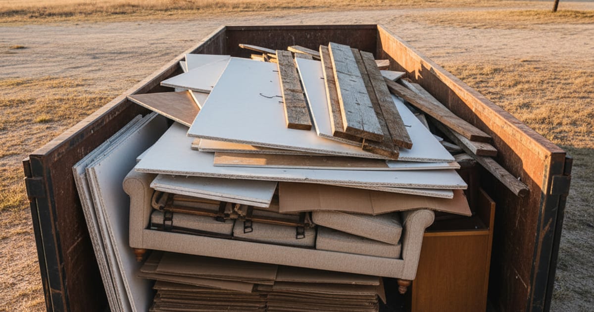 Overhead view of a roll-off dumpster filled with allowed debris.