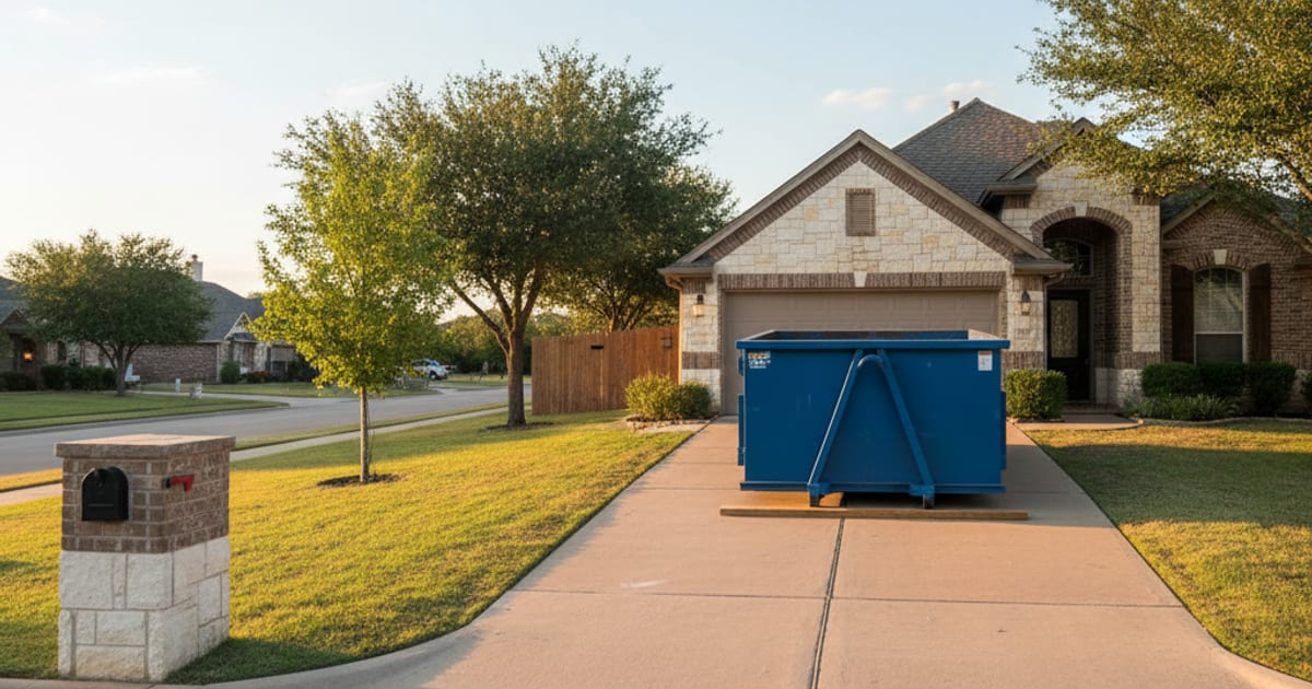 Roll-off dumpster placed safely on a long concrete driveway.